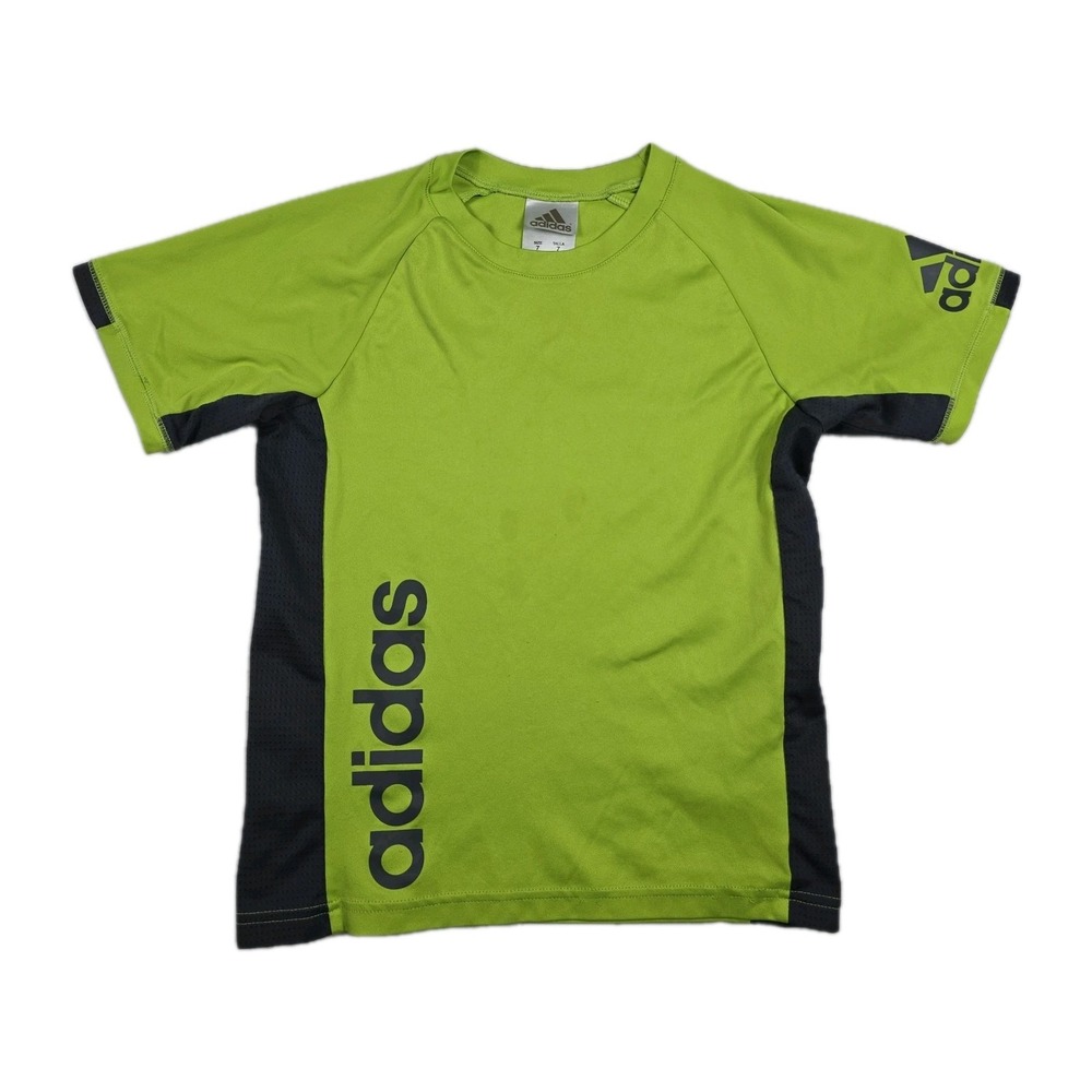 Adidas Boys Lime Green Gray Athletic T-Shirt Short Sleeve Size 7 Logo Tee